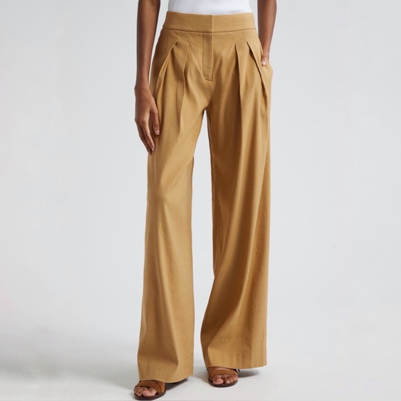 Veronica Beard Jodie Pleat Linen Blend Wide Leg Pant in Tan Size 4